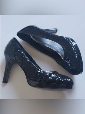 Tahari Black Sequin Cheryl Platform Heels